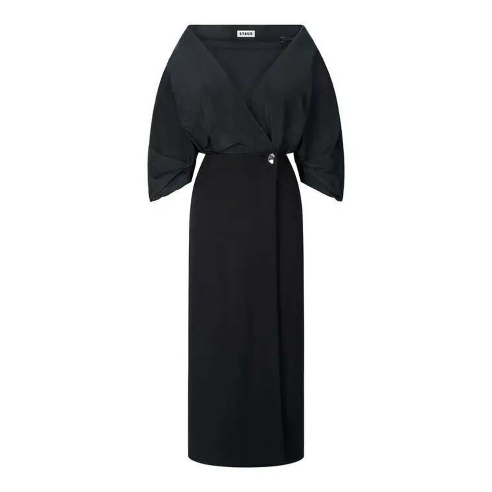 NWOT STAUD Orion Midi Dress Black V-Neck Puff Sleeve Mixed Media Size 2 New
